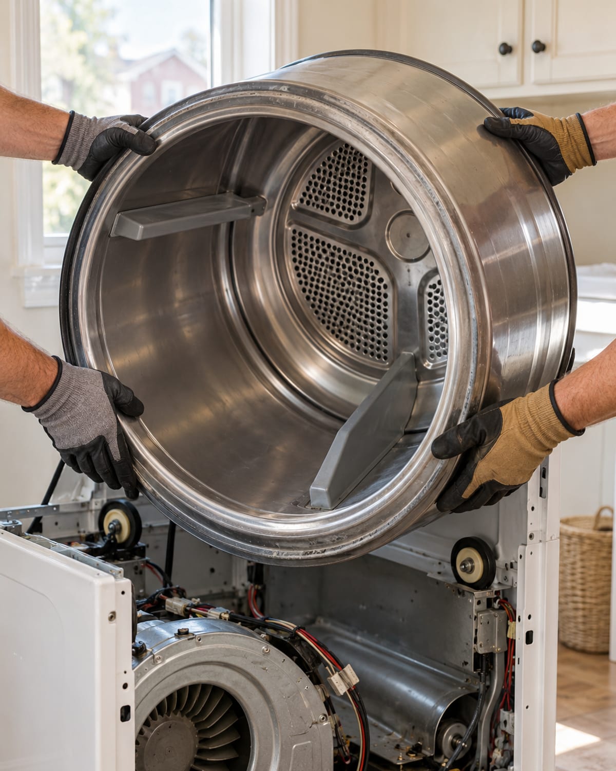 Saunders Appliance Repair technicians lifting a dryer drum during a repair
