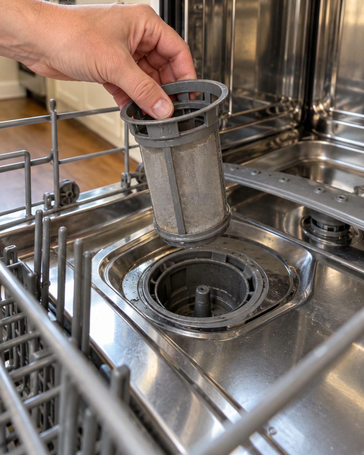 Technician replacing a dishwasher drain pump under the tub in Huntington, WV