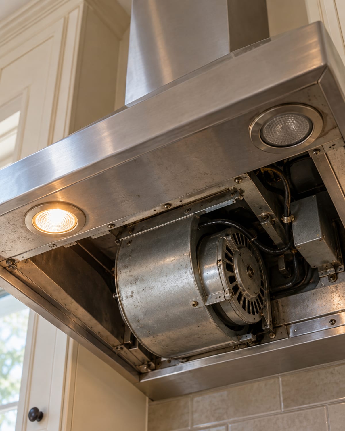 Grease-caked blower wheel pulled from a range hood exhaust fan in Huntington, WV