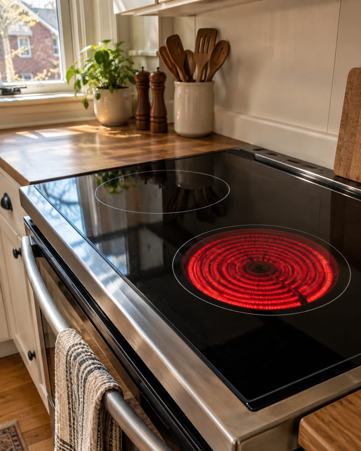 Radiant heating element exposed beneath a lifted glass cooktop in Huntington, WV
