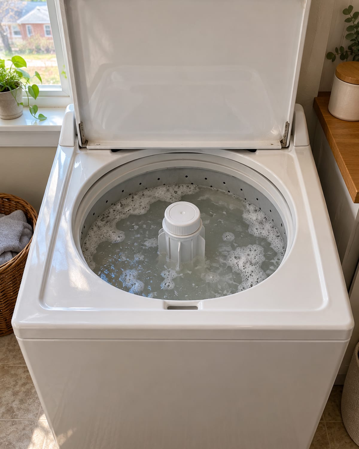 Top-load washer with the cabinet open during a washer repair in Huntington, WV