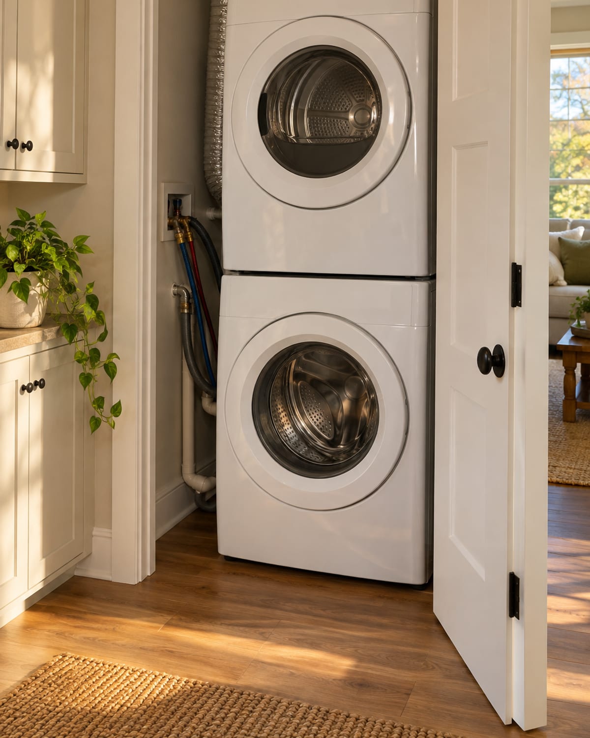 Technician leveling a new washer and connecting the drain hose in a Huntington laundry room