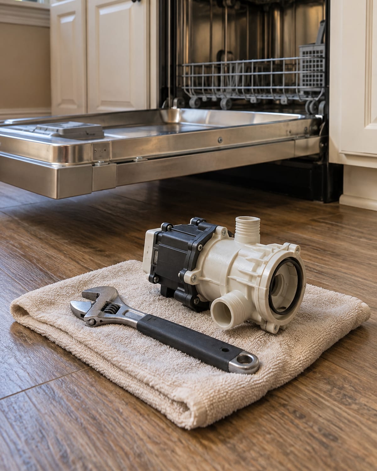 Standing water in the bottom of a dishwasher tub in a Huntington home