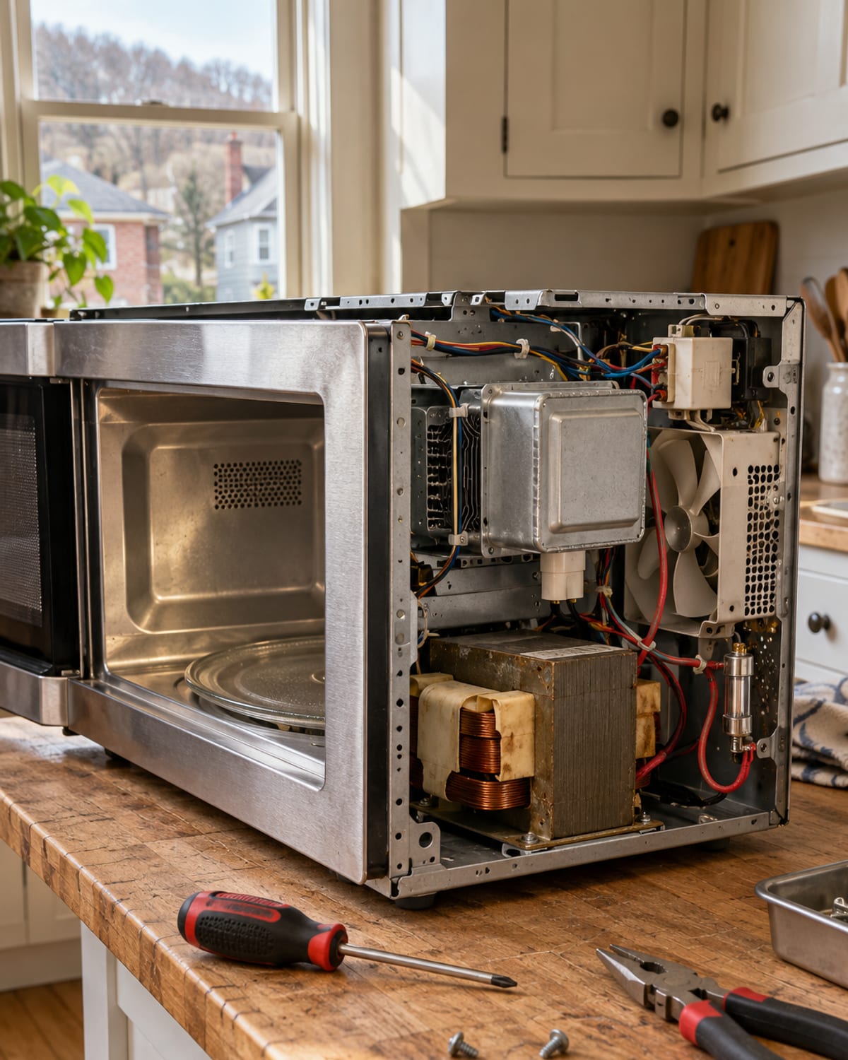 Technician testing the magnetron in an over-the-range microwave in a Huntington home
