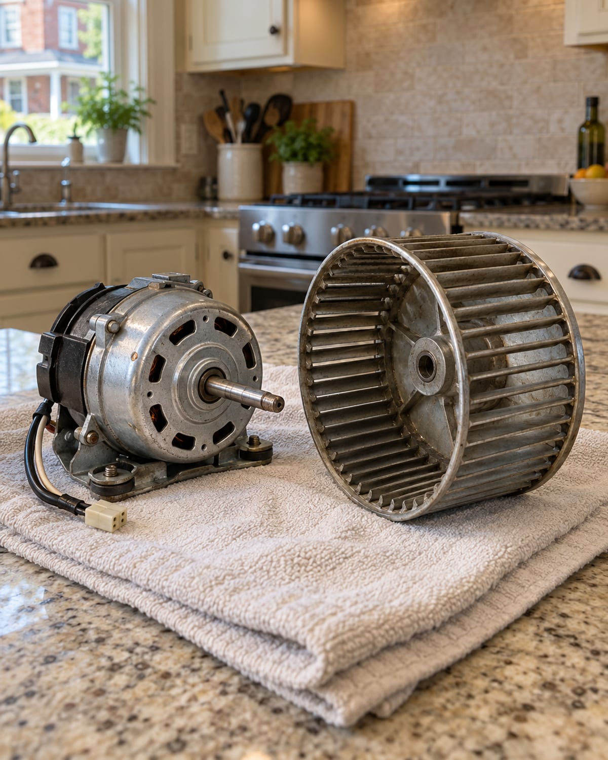 Technician replacing a range hood fan motor above a stove in a Huntington home