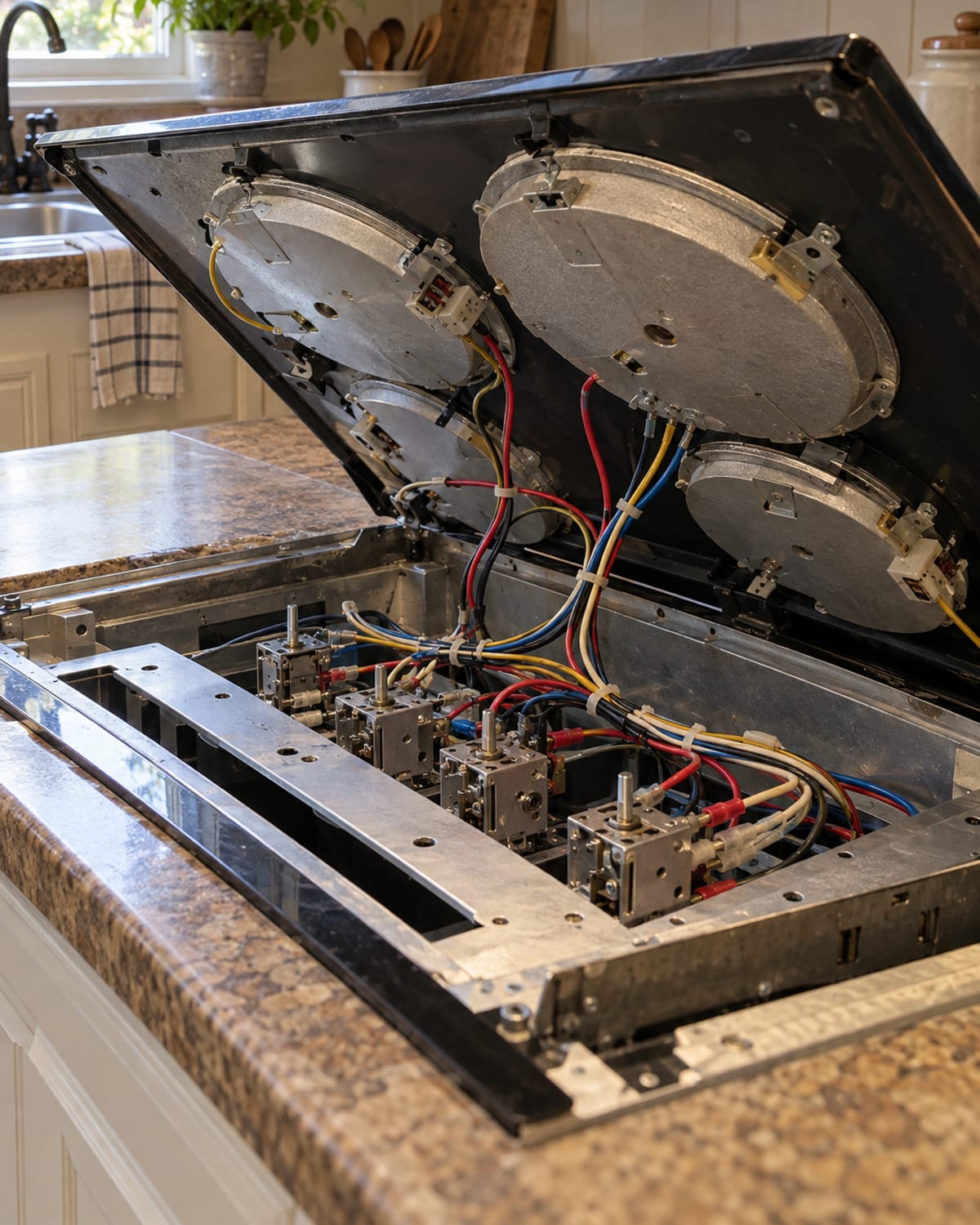 Technician replacing a spark igniter on a gas stove burner in a Huntington home
