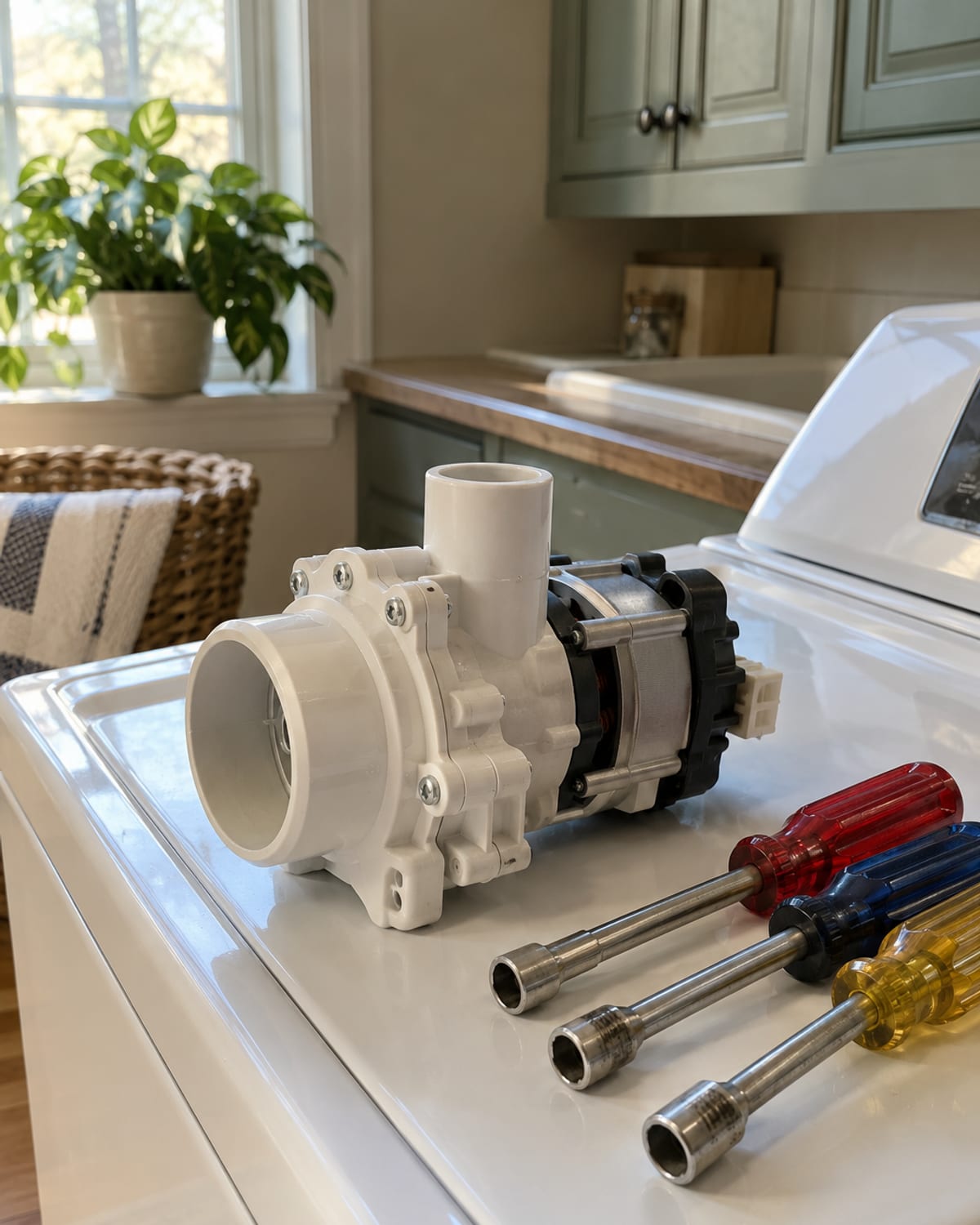 Technician replacing a washing machine drain pump in a Huntington home