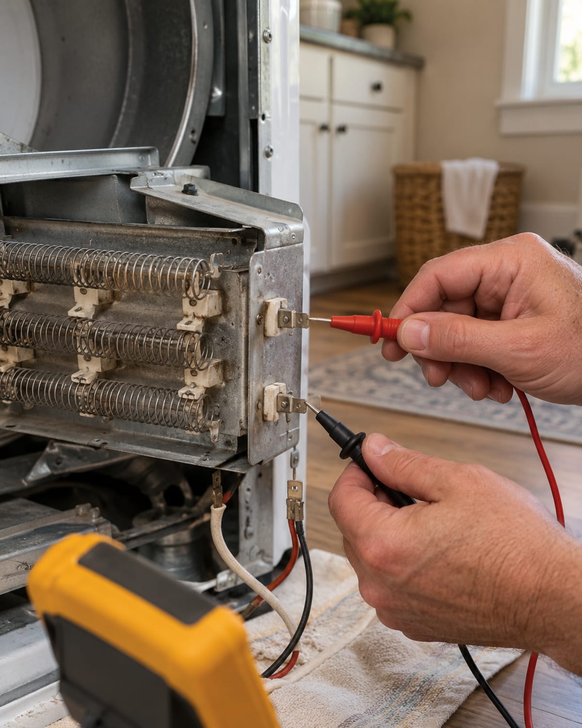 Saunders technician testing a dryer heating element with a multimeter